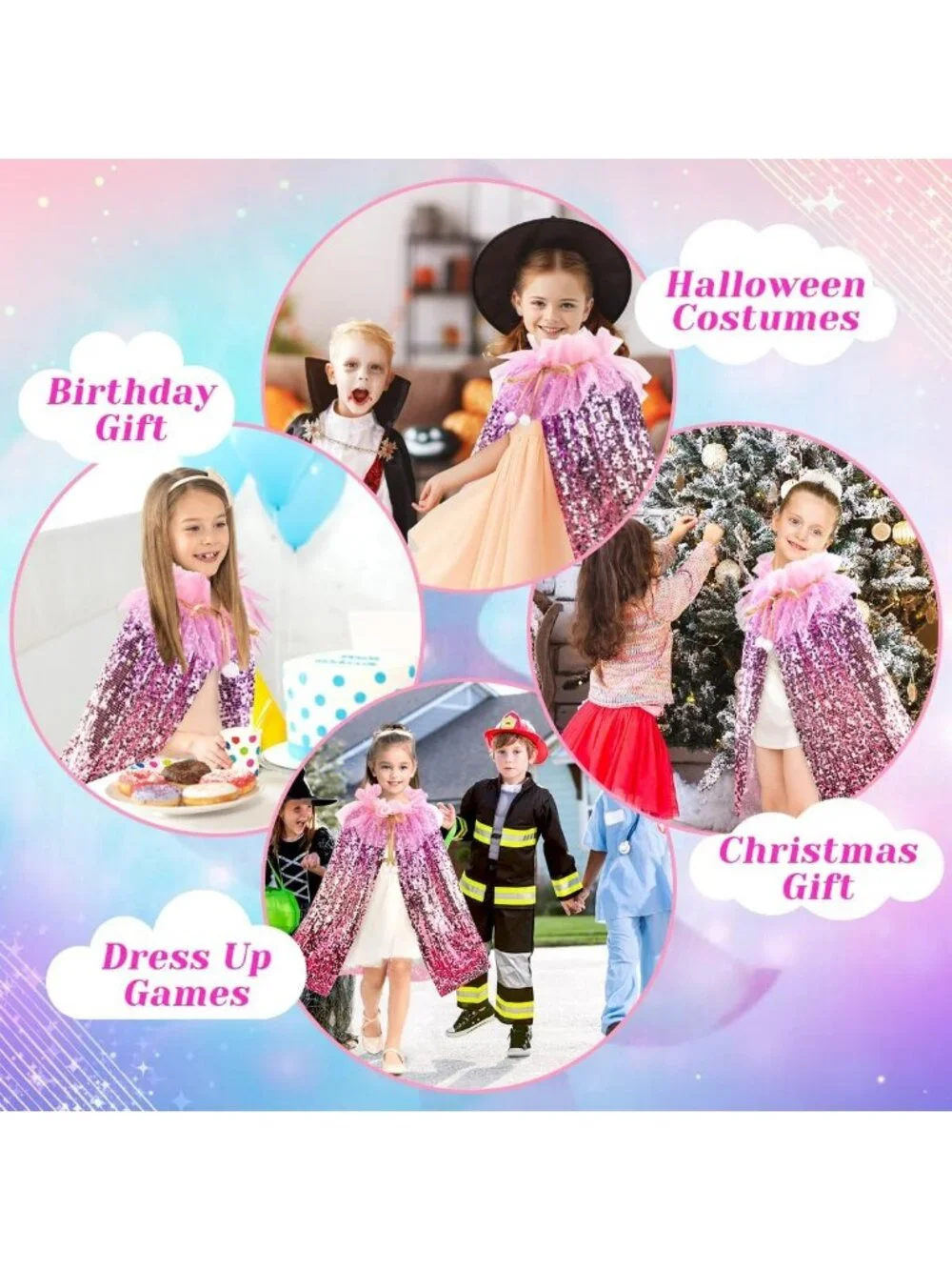 Mermaid Princess Dress Up Cape with Crown Costume Set for Girls Ages 3-8- Red